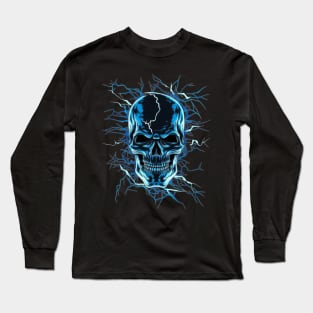 Abstract Blue Lightning Skull Design Long Sleeve T-Shirt